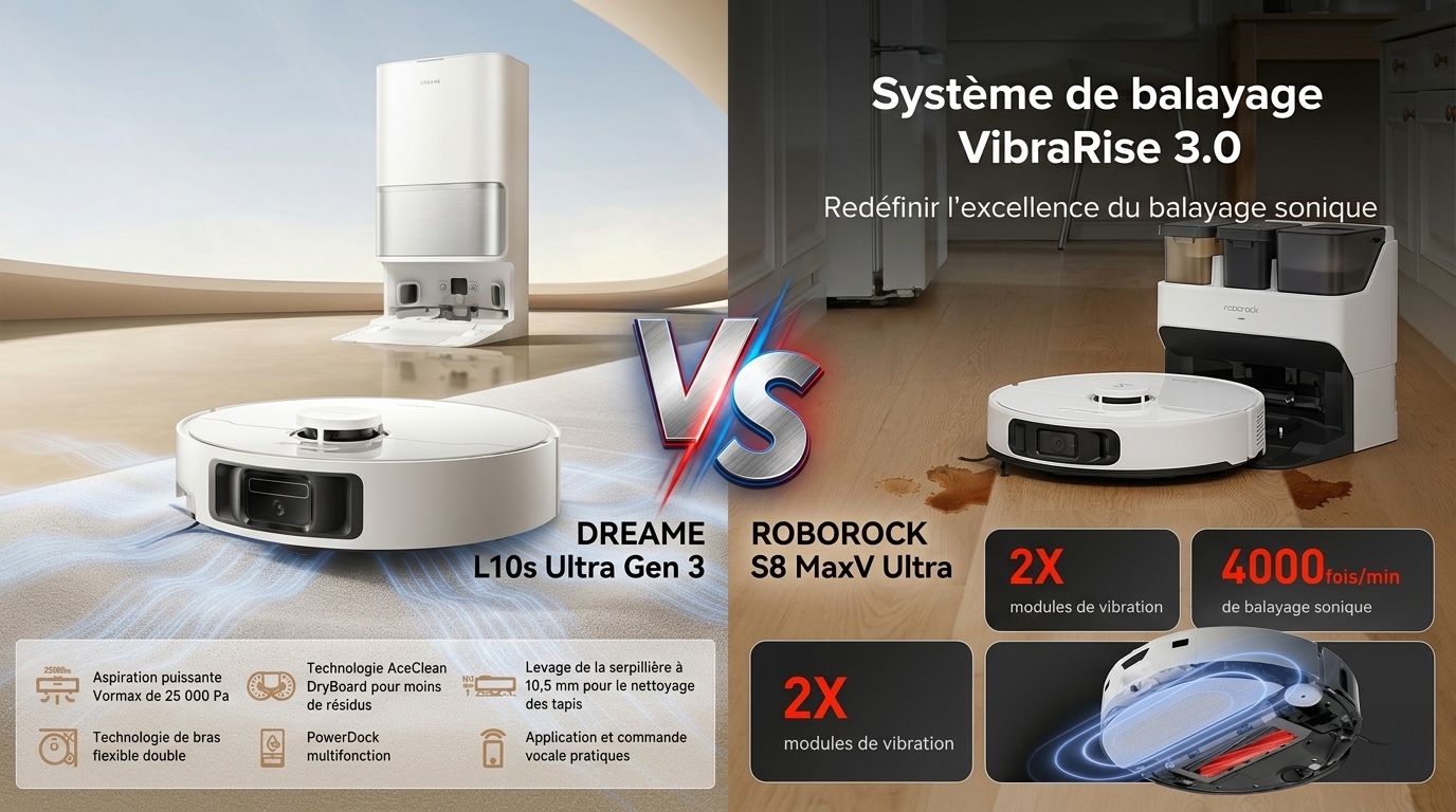 Comparaison côte à côte du Dreame L10s Ultra Gen 3 et du Roborock S8 MaxV Ultra, meilleurs robots aspirateurs laveurs 2026