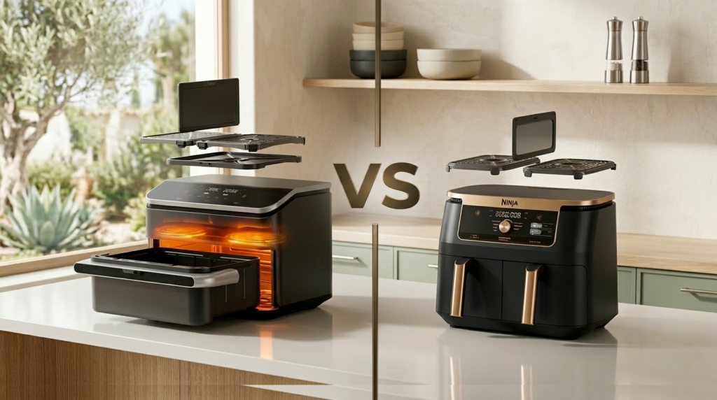 Comparatif Air Fryer XXL 2026 : Ninja Foodi FlexDrawer contre Cosori TwinFry sur un plan de travail de cuisine.