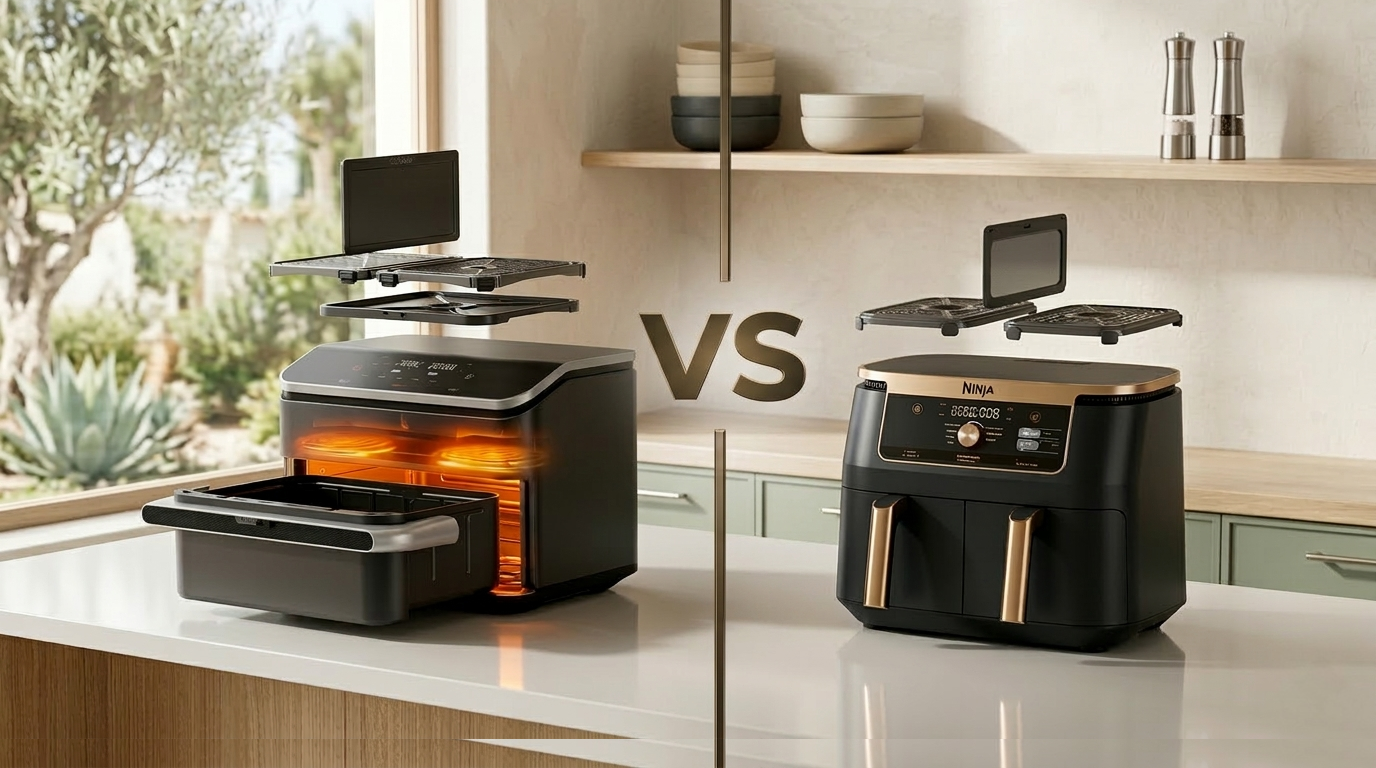 Comparatif Air Fryer XXL 2026 : Ninja Foodi FlexDrawer contre Cosori TwinFry sur un plan de travail de cuisine.